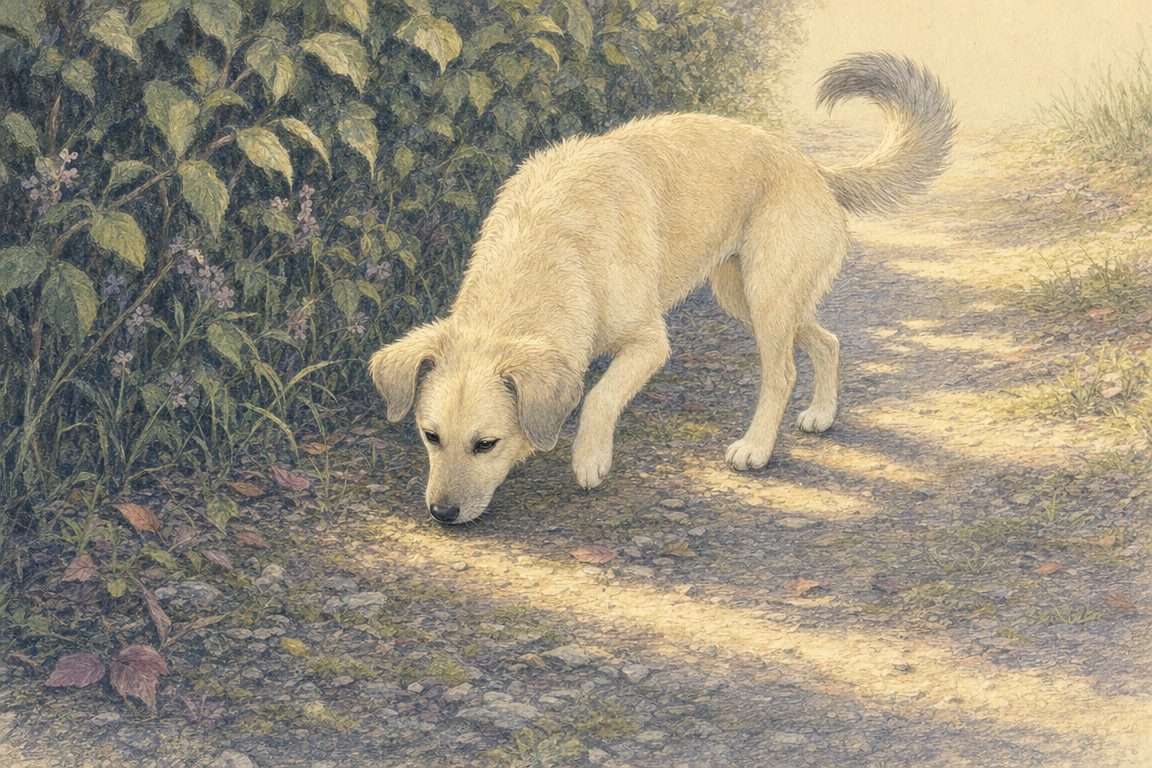 Moonlight schnüffelt an einer Hecke auf einem schmalen Weg.