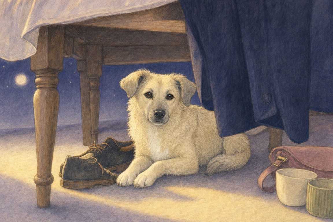 Moonlight beobachtet Schuhe und einen Mantel unter einem Tisch.